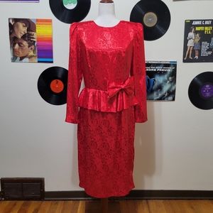 American Design | 80s Vintage Red Floral Satin Peplum Dress
